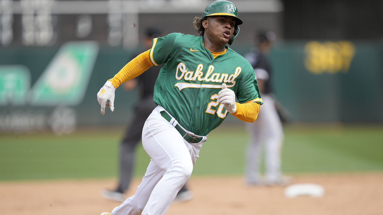 OAKLAND, CALIFORNIA - SEPTEMBER 11: Cristian Pache #20 of the Oakland Athletics runs the bases against the Chicago White Sox in the bottom of the fifth inning at RingCentral Coliseum on September 11, 2022 in Oakland, California.