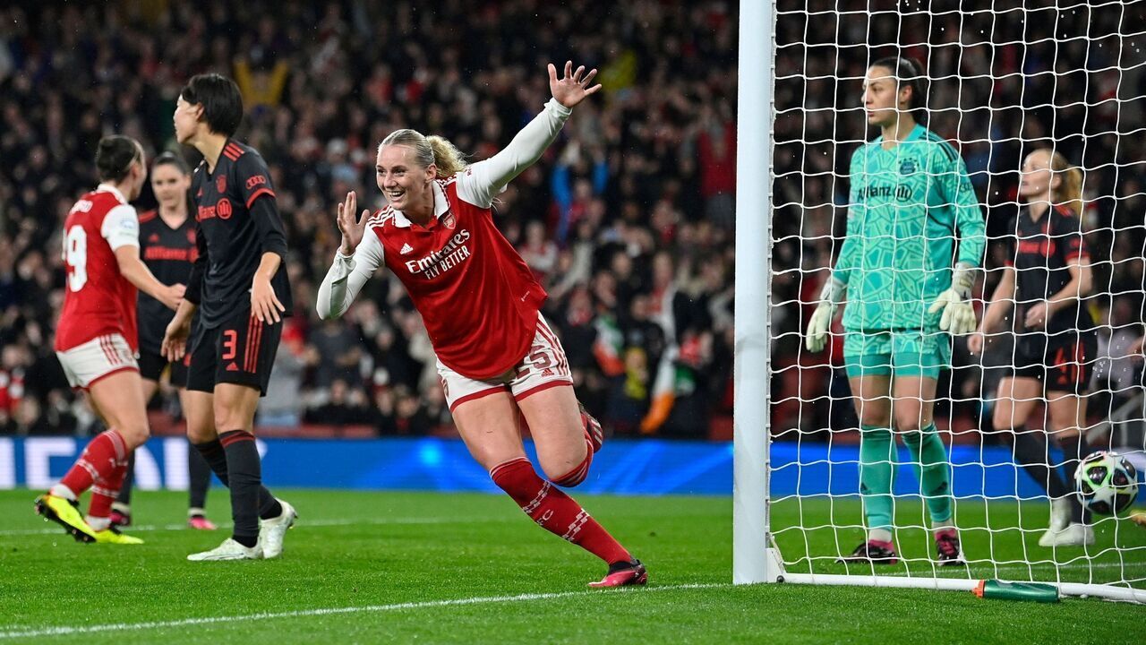 Arsenal's Swedish forward Stina Blackstenius celebrates after scoring her team second goal during the UEFA Women's Champions League quarter-final second-leg match between Arsenal and Bayern Munich at the Arsenal Stadium, in London, on March 29, 2023.