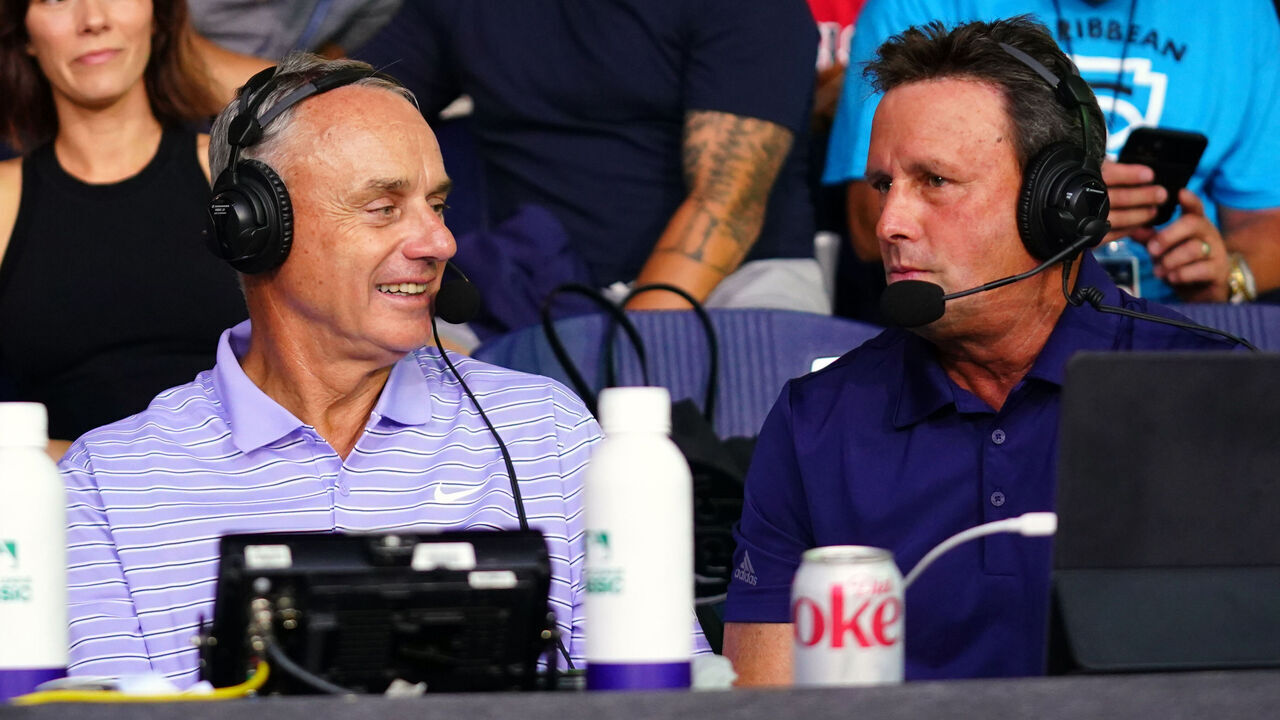SOUTH WILLIAMSPORT, PA - AUGUST 21: President George Bush and Major League Baseball Commissioner Robert D. Manfred Jr. join the Sunday Night Baseball broadcast during the game between the Boston Red Sox and the Baltimore Orioles at Muncy Bank Ballpark at Historic Bowman Field on Sunday, August 21, 2022 in South Williamsport, Pennsylvania.