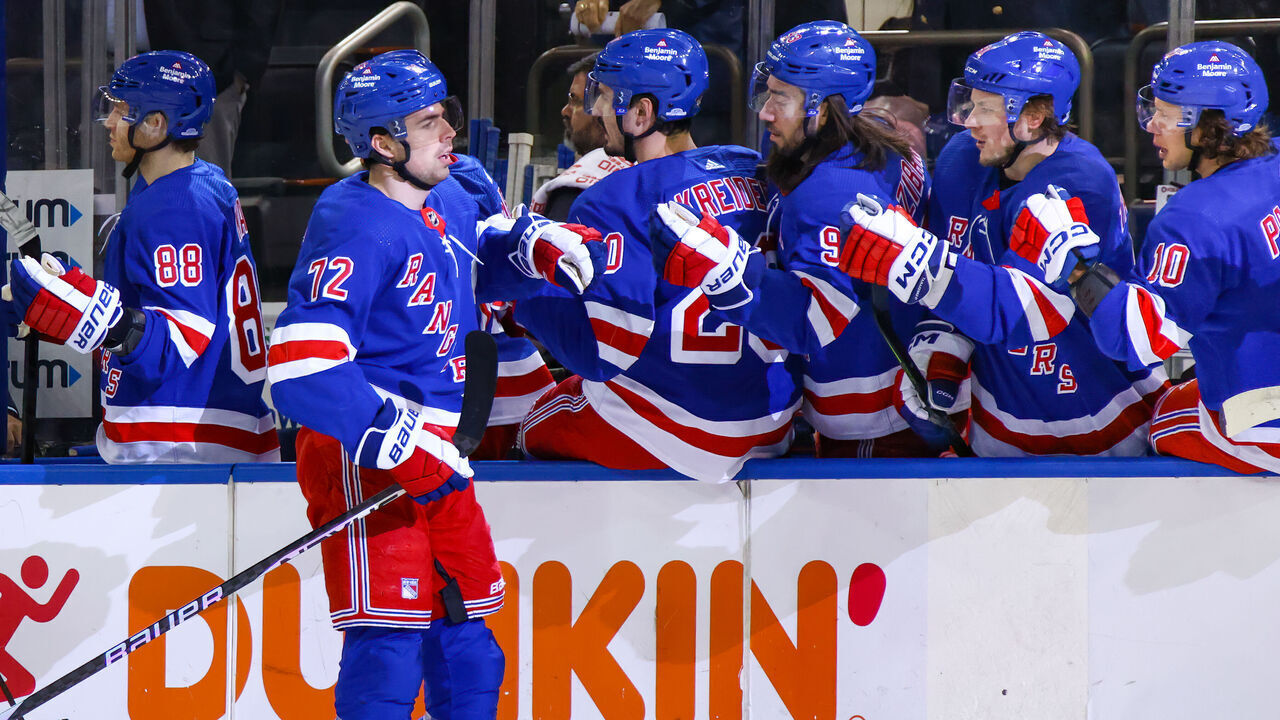 NEW YORK, NY - MARCH 28: New York Rangers Center Filip Chytil (72) celebrates a goal during the first period of the National Hockey League game between the Columbus Blue Jackets and the New York Rangers on March 28, 2023 at Madison Square Garden in New York, NY.