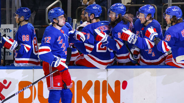 NEW YORK, NY - MARCH 28: New York Rangers Center Filip Chytil (72) celebrates a goal during the first period of the National Hockey League game between the Columbus Blue Jackets and the New York Rangers on March 28, 2023 at Madison Square Garden in New York, NY.