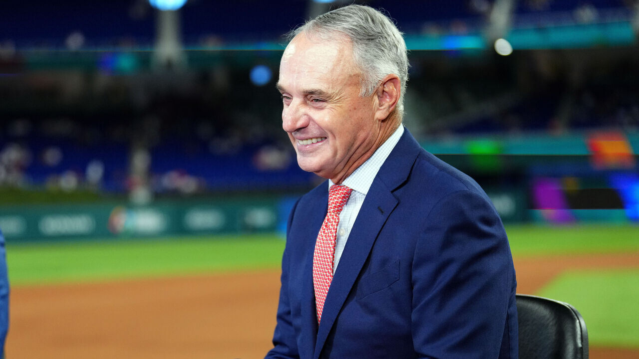 MIAMI, FL - MARCH 21: Major League Baseball Commissioner Robert D. Manfred Jr. smiles on the MLB Network set prior to the 2023 World Baseball Classic Championship game between Team USA and Team Japan at loanDepot Park on Tuesday, March 21, 2023 in Miami, Florida.