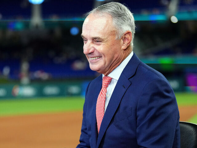 MIAMI, FL - MARCH 21: Major League Baseball Commissioner Robert D. Manfred Jr. smiles on the MLB Network set prior to the 2023 World Baseball Classic Championship game between Team USA and Team Japan at loanDepot Park on Tuesday, March 21, 2023 in Miami, Florida.