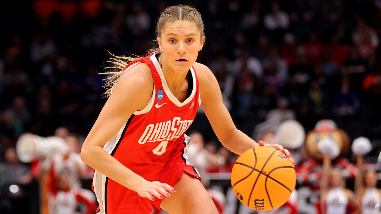 SEATTLE, WA - MARCH 27: Ohio State Buckeyes guard Jacy Sheldon #4 dribbles the ball against Virginia Tech Hokies guard Georgia Amoore #5 in the first half of the game during the Elite Eight round of the 2023 NCAA Women's Basketball Tournament held at Climate Pledge Arena on March 27, 2023 in Seattle, Washington.