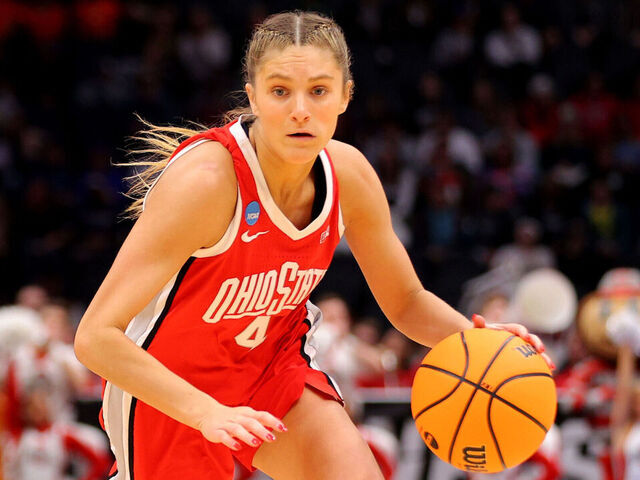 SEATTLE, WA - MARCH 27: Ohio State Buckeyes guard Jacy Sheldon #4 dribbles the ball against Virginia Tech Hokies guard Georgia Amoore #5 in the first half of the game during the Elite Eight round of the 2023 NCAA Women's Basketball Tournament held at Climate Pledge Arena on March 27, 2023 in Seattle, Washington.
