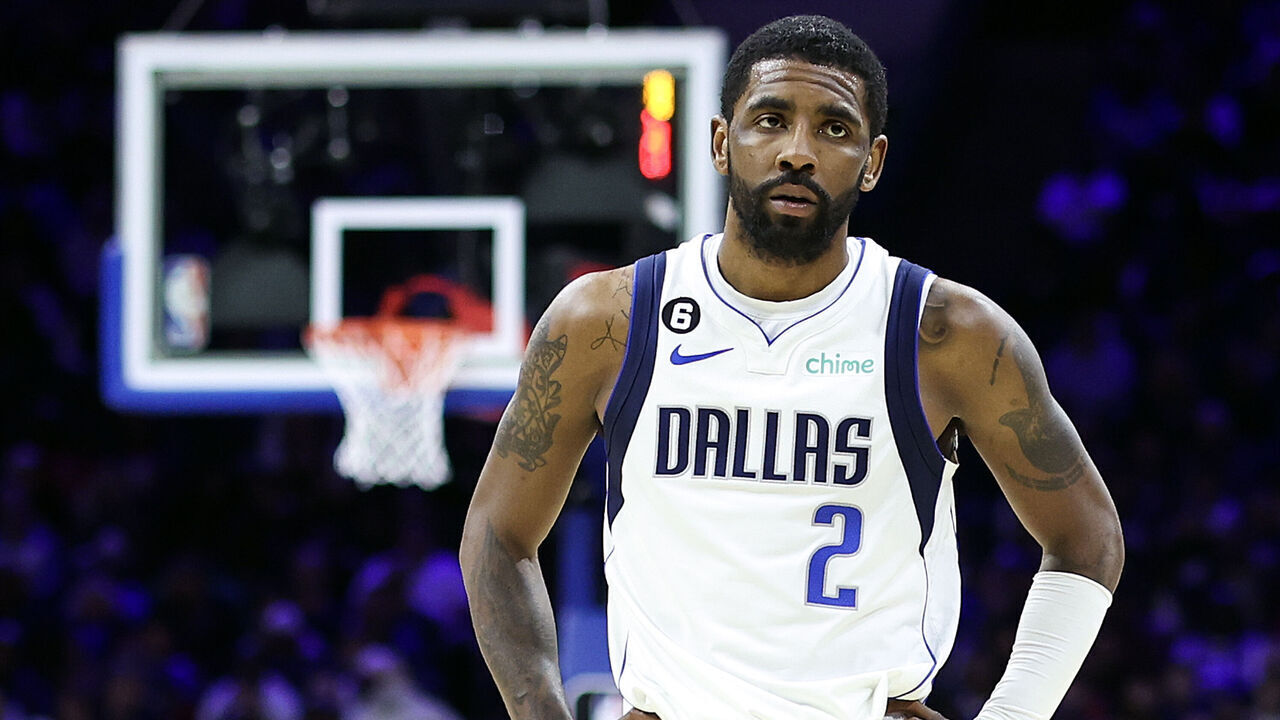 PHILADELPHIA, PENNSYLVANIA - MARCH 29: Kyrie Irving #2 of the Dallas Mavericks looks on during the second quarter against the Philadelphia 76ers at Wells Fargo Center on March 29, 2023 in Philadelphia, Pennsylvania.