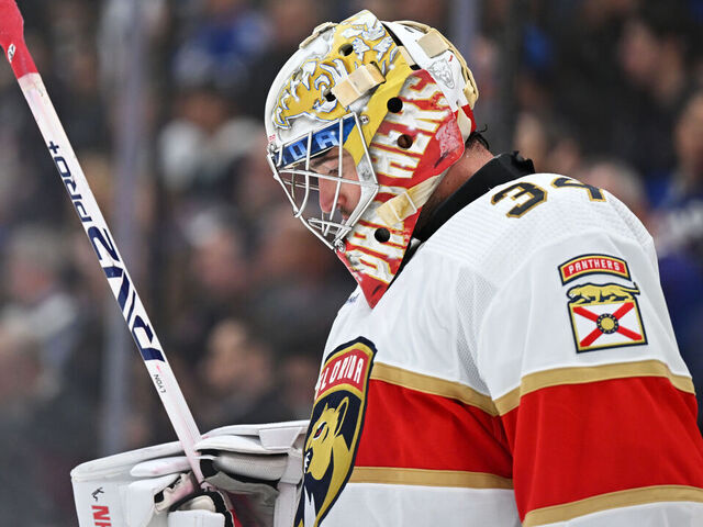 TORONTO, ON - MARCH 29: Florida Panthers goaltender Alex Lyon (34) looks on after the whistle in the second period during the NHL regular season game between the Florida Panthers and the Toronto Maple Leafs on March 29, 2023 at Scotiabank Arena in Toronto, ON.