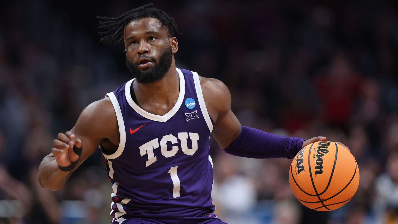 DENVER, COLORADO - MARCH 19: Mike Miles Jr. #1 of the TCU Horned Frogs dribbles the ball during the second half against the Gonzaga Bulldogs in the second round of the NCAA Men's Basketball Tournament at Ball Arena on March 19, 2023 in Denver, Colorado.