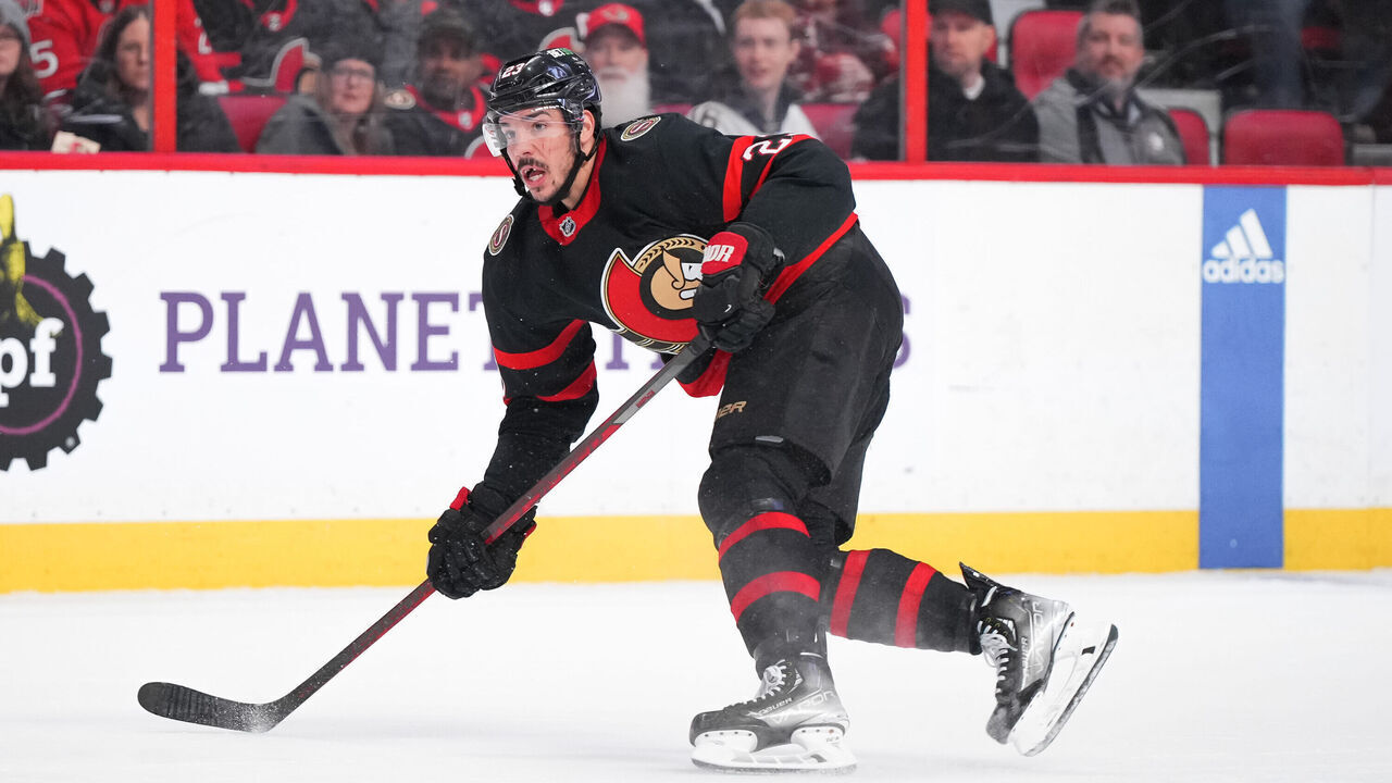 OTTAWA, CANADA - MARCH 27: Travis Hamonic #23 of the Ottawa Senators skates against the Florida Panthers at Canadian Tire Centre on March 27, 2023 in Ottawa, Ontario, Canada.