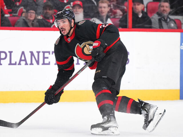 OTTAWA, CANADA - MARCH 27: Travis Hamonic #23 of the Ottawa Senators skates against the Florida Panthers at Canadian Tire Centre on March 27, 2023 in Ottawa, Ontario, Canada.