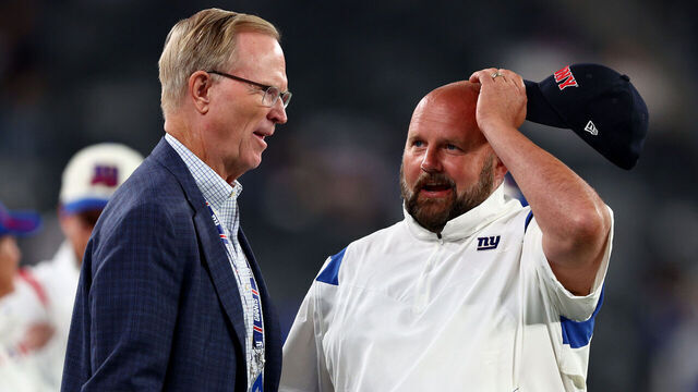 EAST RUTHERFORD, NEW JERSEY - SEPTEMBER 26: (L-R) President and CEO John K. Mara of the New York Giants talks with head coach Brian Daboll prior to the game against the Dallas Cowboys at MetLife Stadium on September 26, 2022 in East Rutherford, New Jersey.