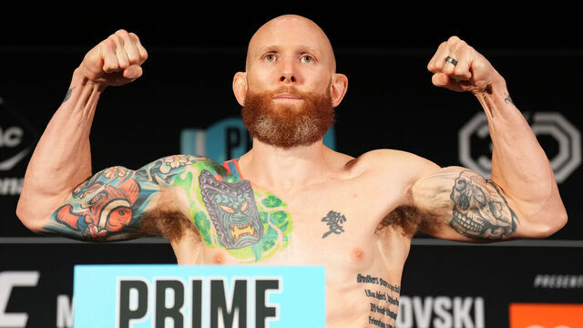 PERTH, AUSTRALIA - FEBRUARY 11: Josh Emmett poses on the scale during the UFC 284 official weigh-in at Hyatt Regency Hotel on February 11, 2023 in Perth, Australia.
