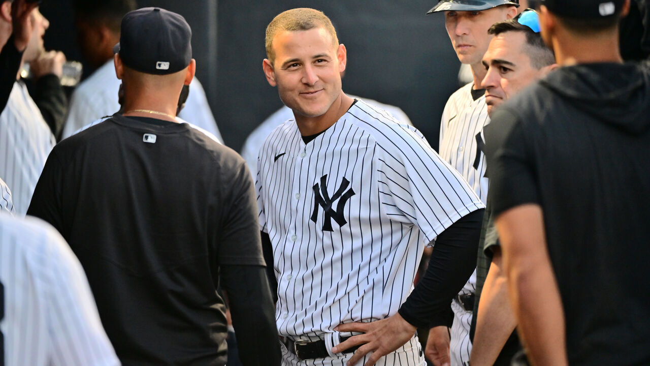 TAMPA, FLORIDA - MARCH 14: Anthony Rizzo #48 of the New York Yankees reacts in the dugout during a Grapefruit League Spring Training Game against the Toronto Blue Jays at George M. Steinbrenner Field on March 14, 2023 in Tampa, Florida.