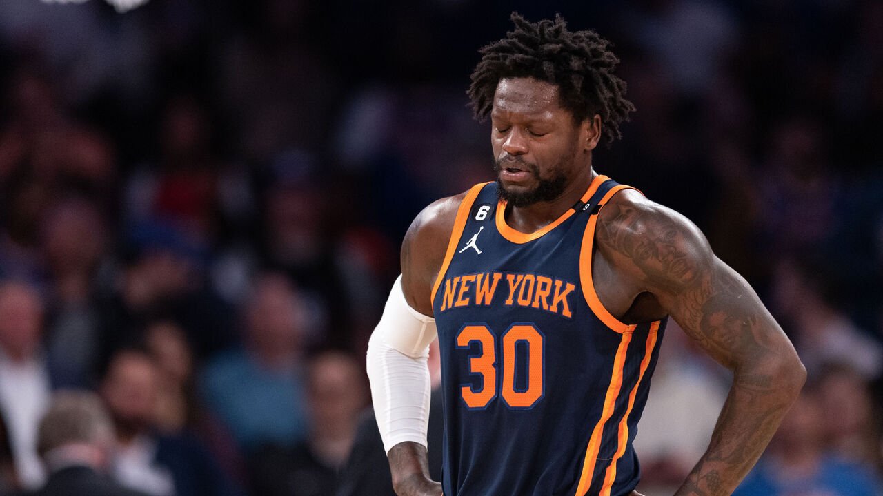NEW YORK, NEW YORK - MARCH 29: Julius Randle #30 of the New York Knicks walks after getting injured during the second quarter of the game against the Miami Heat at Madison Square Garden on March 29, 2023 in New York City.
