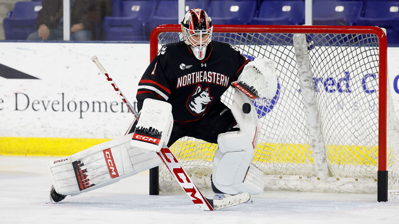 LOWELL, MA - MARCH 3: Devon Levi #1 of the Northeastern Huskies tends goal against the UMass Lowell River Hawks during NCAA men's hockey at the Tsongas Center on March 3, 2023 in Lowell, Massachusetts. The River Hawks won 3-1.