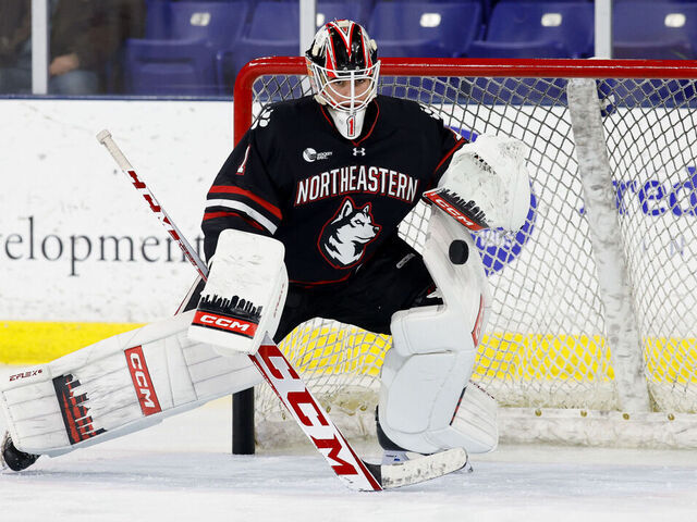 LOWELL, MA - MARCH 3: Devon Levi #1 of the Northeastern Huskies tends goal against the UMass Lowell River Hawks during NCAA men's hockey at the Tsongas Center on March 3, 2023 in Lowell, Massachusetts. The River Hawks won 3-1.