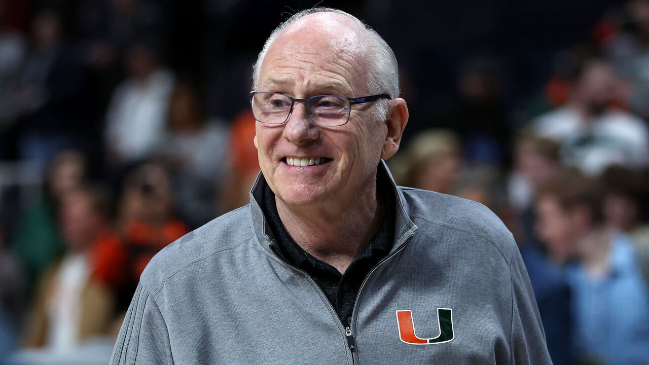 ALBANY, NEW YORK - MARCH 19: Head coach Jim Larranaga of the Miami Hurricanes smiles after defeating the Indiana Hoosiers during the second round of the NCAA Men's Basketball Tournament at MVP Arena on March 19, 2023 in Albany, New York. Miami defeated Indiana 85-69.