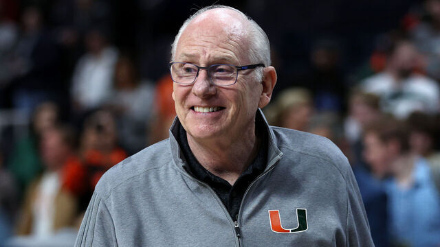 ALBANY, NEW YORK - MARCH 19: Head coach Jim Larranaga of the Miami Hurricanes smiles after defeating the Indiana Hoosiers during the second round of the NCAA Men's Basketball Tournament at MVP Arena on March 19, 2023 in Albany, New York. Miami defeated Indiana 85-69.