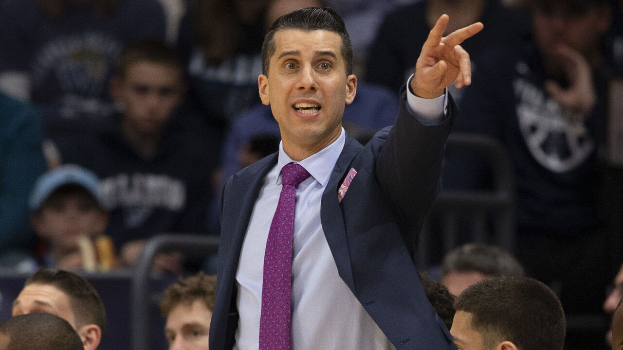 VILLANOVA, PA - DECEMBER 30: Assistant coach George Halcovage of the Villanova Wildcats calls out to his team against the Xavier Musketeers at Finneran Pavilion on December 30, 2019 in Villanova, Pennsylvania.