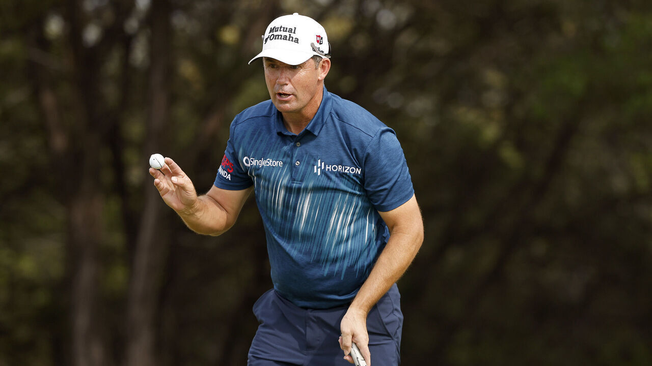 SAN ANTONIO, TEXAS - MARCH 30: Padraig Harrington of Ireland reacts after making par on the eighth hole during the first round of the Valero Texas Open at TPC San Antonio on March 30, 2023 in San Antonio, Texas.