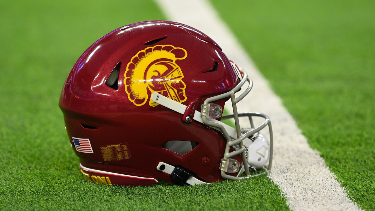 LAS VEGAS, NV - DECEMBER 02: A USC helmet on the field before the Pac-12 Conference championship game between the Utah Utes and the USC Trojans at Allegiant Stadium on December 2, 2022 in Las Vegas, Nevada.