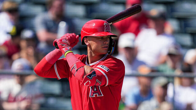 TEMPE, ARIZONA - MARCH 08: Logan O'Hoppe #14 of the Los Angeles Angels bats in the second inning against the Colorado Rockies during a Spring Training game at Tempe Diablo Stadium on March 08, 2023 in Tempe, Arizona.