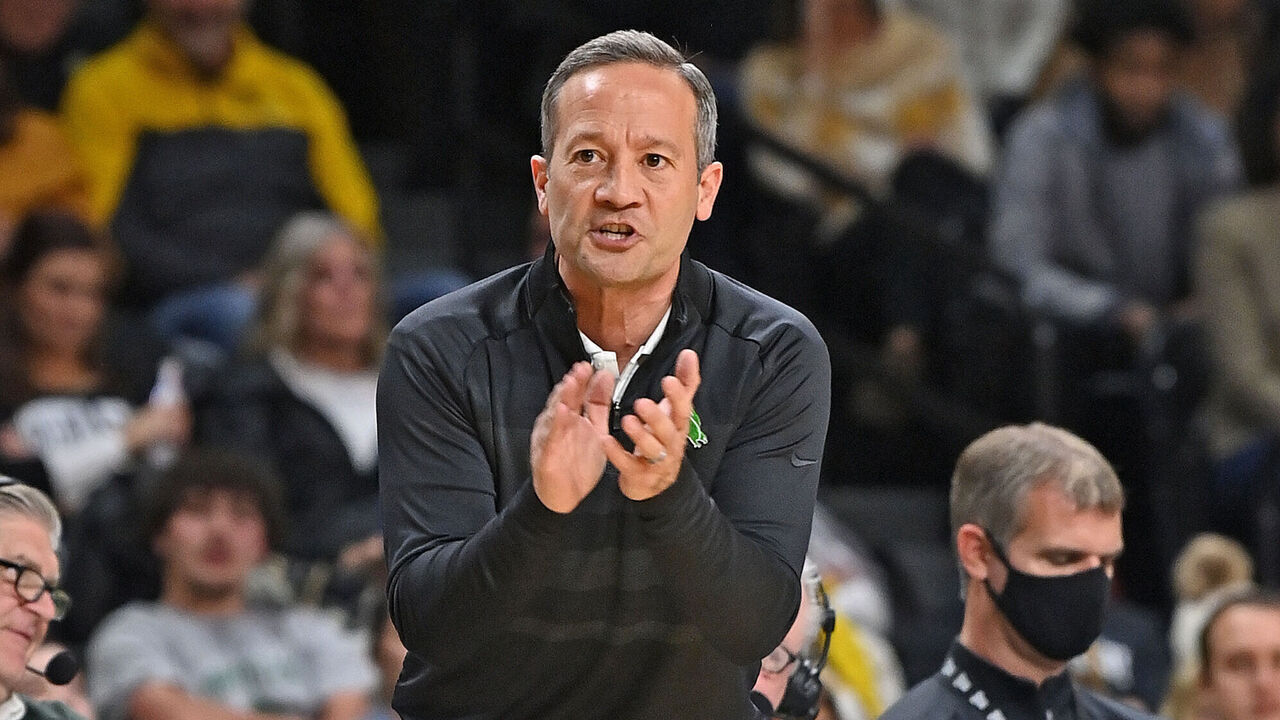 WICHITA, KS - DECEMBER 18: Head coach Grant McCasland of the North Texas Mean Green calls out instructions during the first half against the Wichita State Shockers at Charles Koch Arena on December 18, 2021 in Wichita, Kansas.