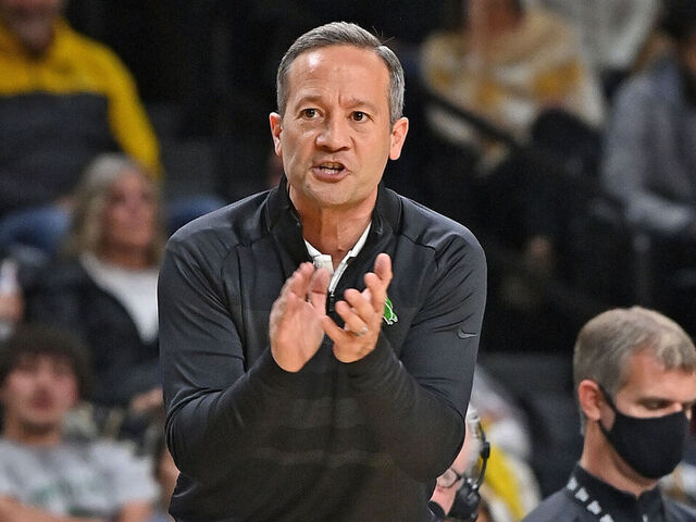 WICHITA, KS - DECEMBER 18: Head coach Grant McCasland of the North Texas Mean Green calls out instructions during the first half against the Wichita State Shockers at Charles Koch Arena on December 18, 2021 in Wichita, Kansas.