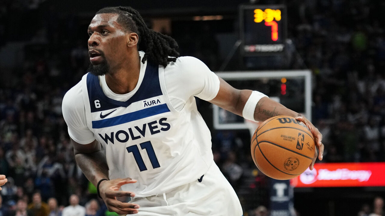 MINNEAPOLIS, MN - MARCH 22: Naz Reid #11 of the Minnesota Timberwolves dribbles the ball during the game against the Atlanta Hawks on March 22, 2023 at Target Center in Minneapolis, Minnesota. Mandatory Copyright Notice: Copyright 2023 NBAE