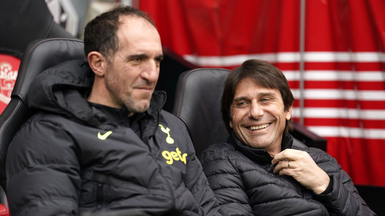 Tottenham Hotspur assistant manager Cristian Stellini and manager Antonio Conte during the Premier League match at St Mary's Stadium, Southampton. Picture date: Saturday March 18, 2023.