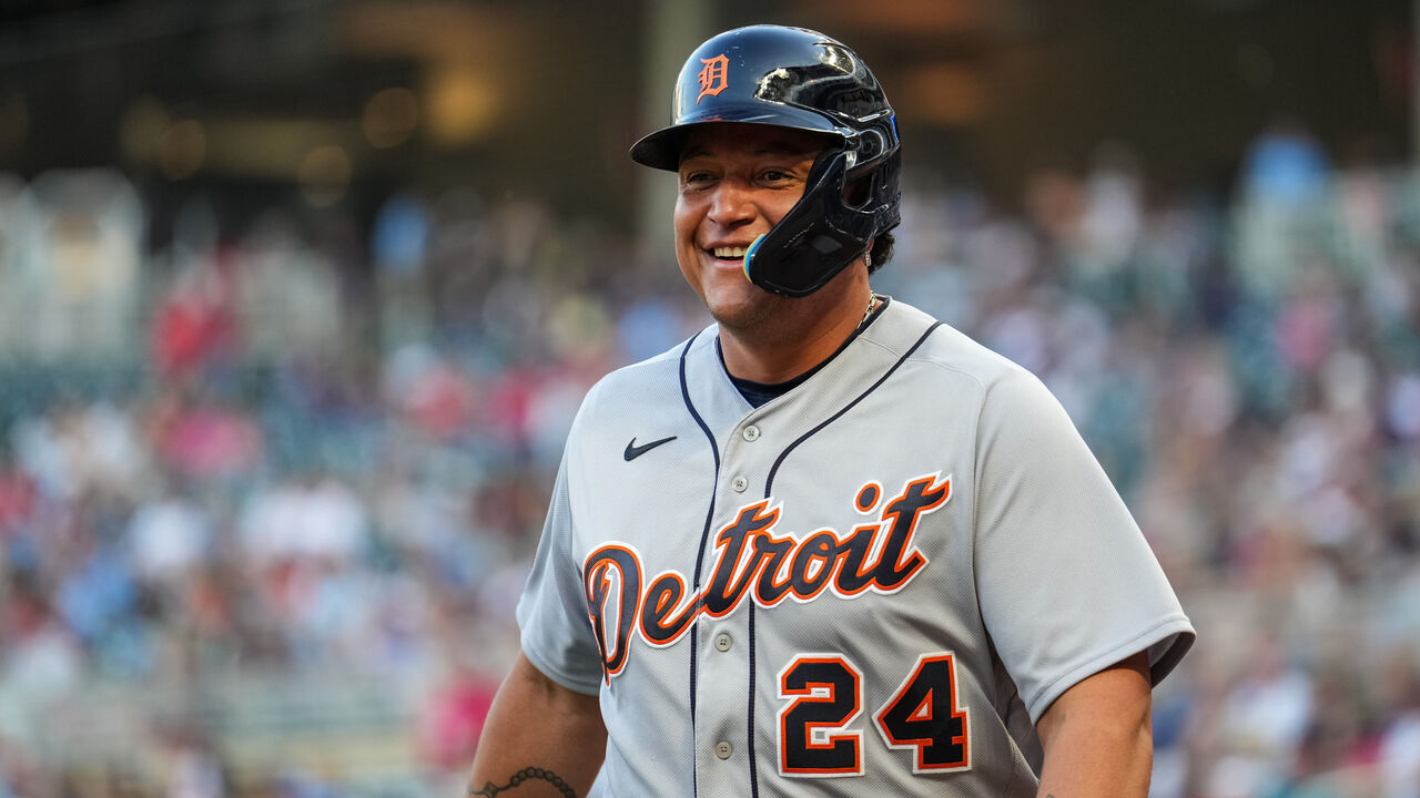 MINNEAPOLIS, MN - AUGUST 01: Miguel Cabrera #24 of the Detroit Tigers looks on and smiles against the Minnesota Twins on August 1, 2022 at Target Field in Minneapolis, Minnesota.