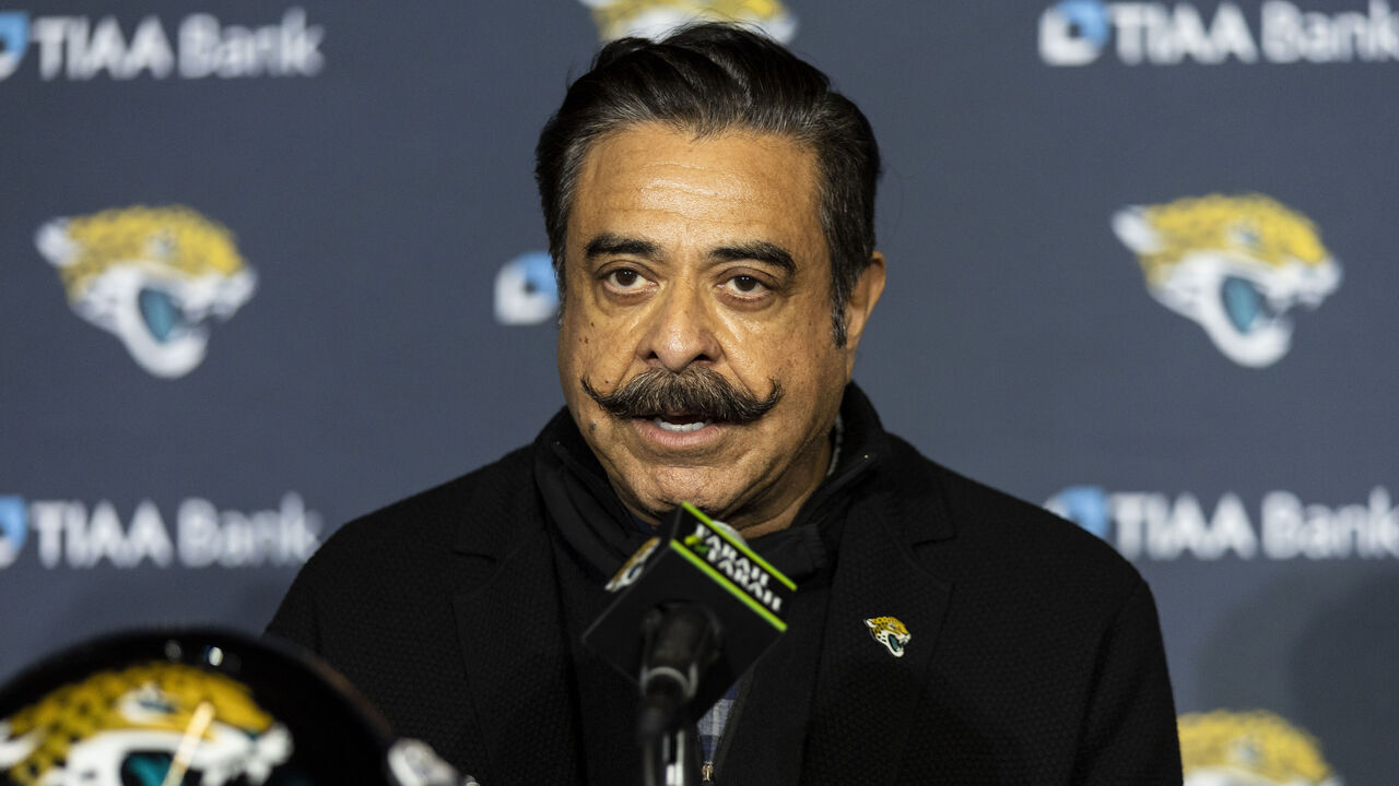 JACKSONVILLE, FLORIDA - FEBRUARY 05: Shad Khan, Owner of the Jacksonville Jaguars, speaks to the media during a press conference introducing Doug Pederson as the new Head Coach of the Jacksonville Jaguars at TIAA Bank Stadium on February 05, 2022 in Jacksonville, Florida.