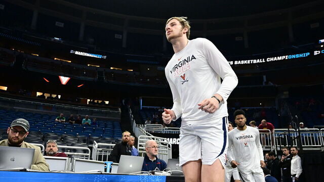 ORLANDO, FL - MARCH 16: Isaac Traudt #23 of the Virginia Cavaliers takes the court pregame before they take on the Furman Paladins during the first round of the 2023 NCAA Men's Basketball Tournament held at Amway Center on March 16, 2023 in Orlando, Florida.
