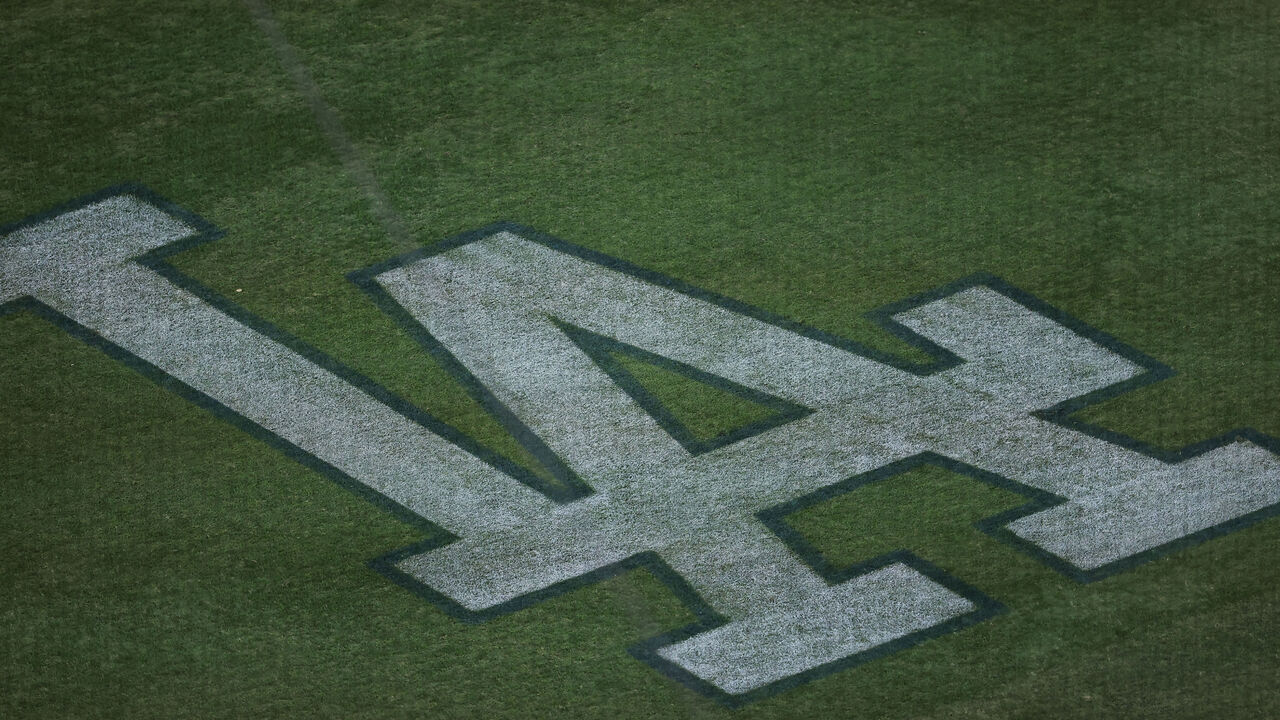 LOS ANGELES, CA - JUNE 25: The Dodgers field logo during the game between the Chicago Cubs and the Los Angeles Dodgers on June 25, 2021 at Dodger Stadium, Los Angeles, CA.