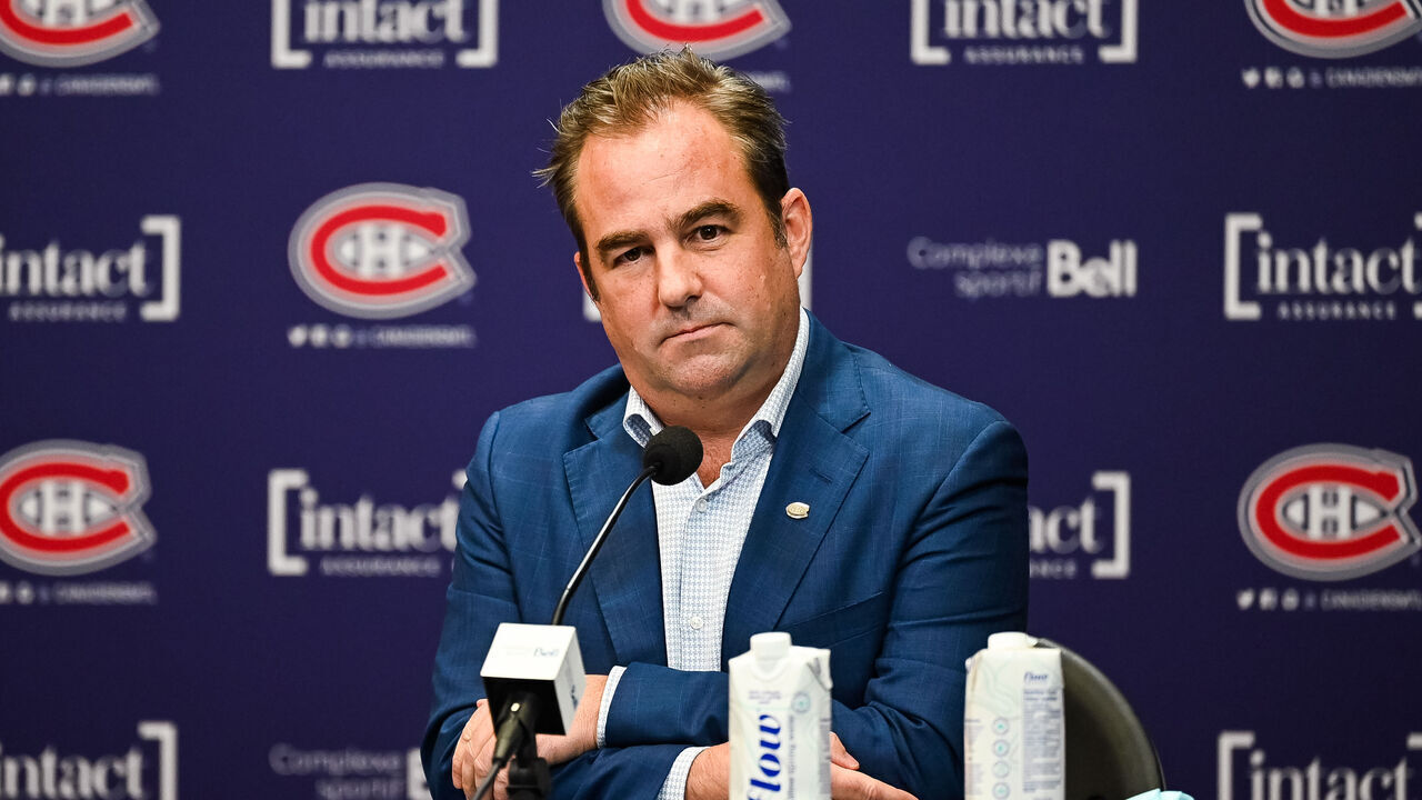 MONTREAL, QC - NOVEMBER 29: Montreal Canadiens owner and president Geoff Molson listens to a question from the media on November 29, 2021 at Bell Sports Complex in Brossard, QC