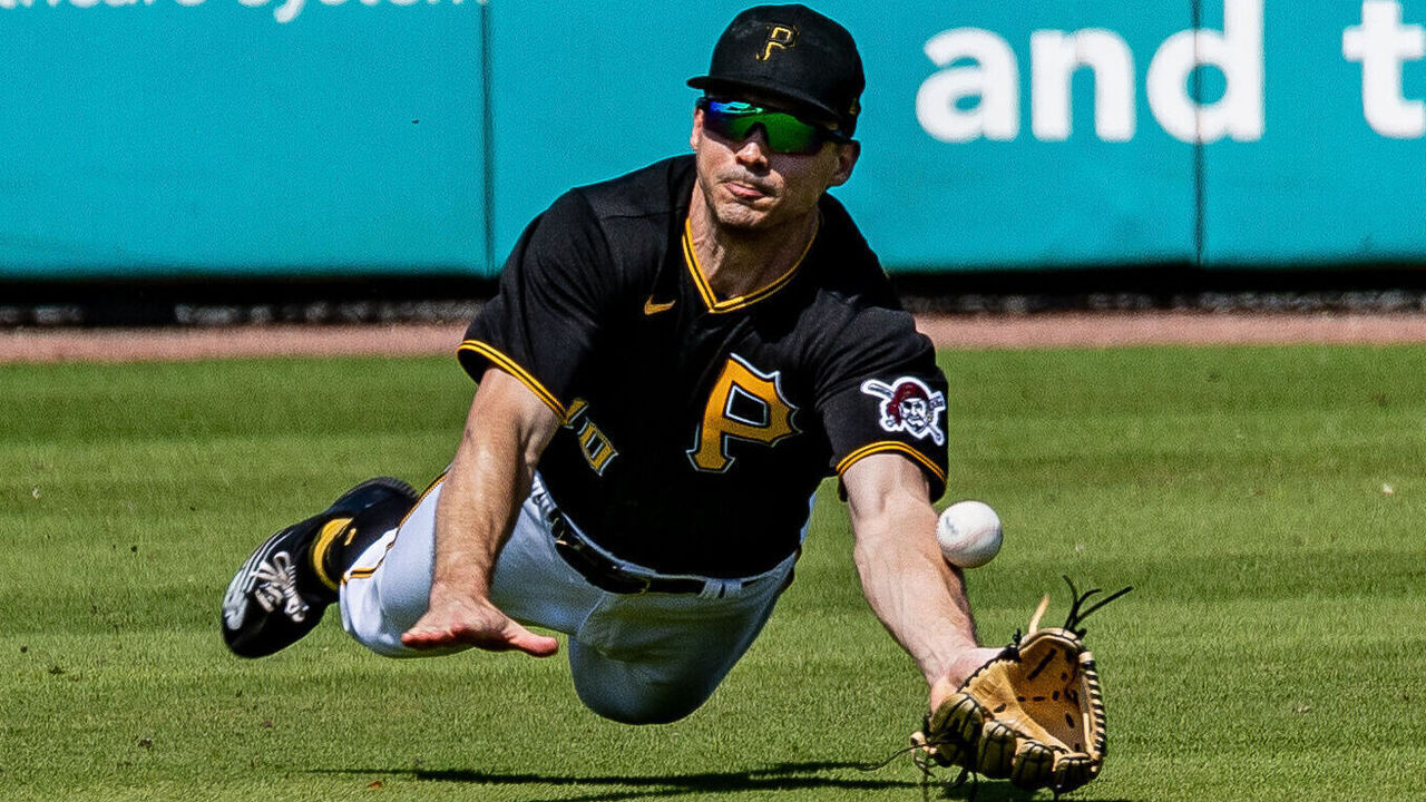 Bradenten, Fl.: Pittsburgh Pirates Bryan Reynolds could not make this diving catch hit by the New York Yankees Jake Bauers in the 2nd inning during a spring training game at LECOM Park in Bradenton, Florida, on March 2, 2023.