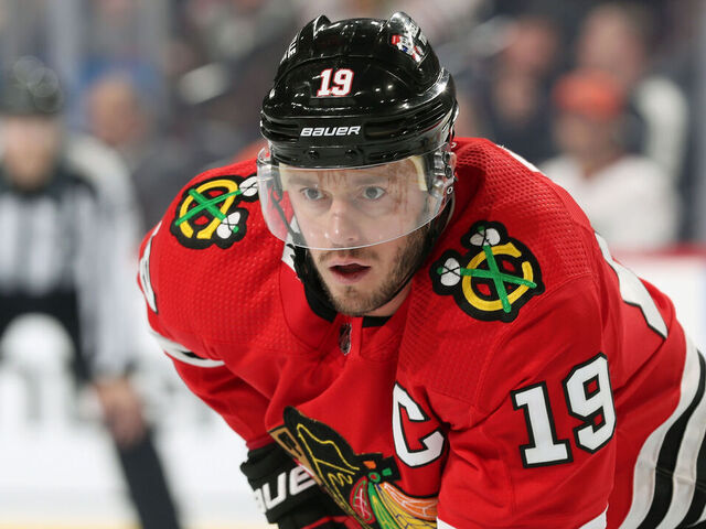 PHILADELPHIA, PENNSYLVANIA - JANUARY 19: Jonathan Toews #19 of the Chicago Blackhawks looks on against the Philadelphia Flyers at the Wells Fargo Center on January 19, 2023 in Philadelphia, Pennsylvania.
