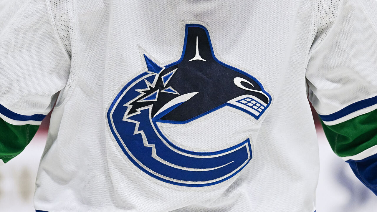 MONTREAL, QC - NOVEMBER 09: View of a Vancouver Canucks logo on a jersey worn by a member of the team during the Vancouver Canucks versus the Montreal Canadiens game on November 09, 2022, at Bell Centre in Montreal, QC