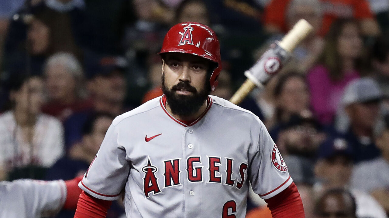 HOUSTON, TEXAS - APRIL 19: Anthony Rendon #6 of the Los Angeles Angels against the Houston Astros at Minute Maid Park on April 19, 2022 in Houston, Texas.