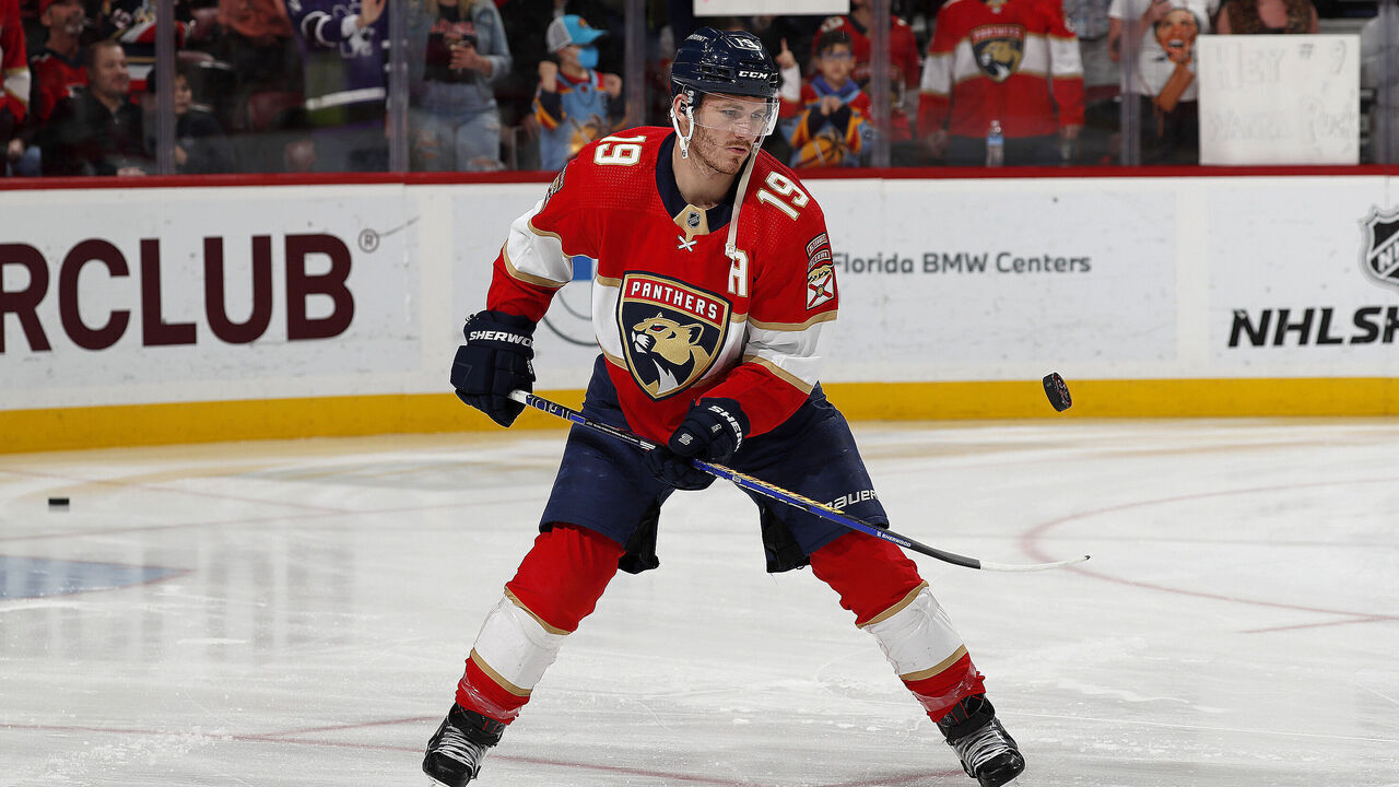 SUNRISE, FLORIDA - MARCH 18: Matthew Tkachuk #19 of the Florida Panthers skates the ice during warm ups prior to the start of the game against New Jersey Devils at the FLA Live Arena on March 18, 2023 in Sunrise, Florida.