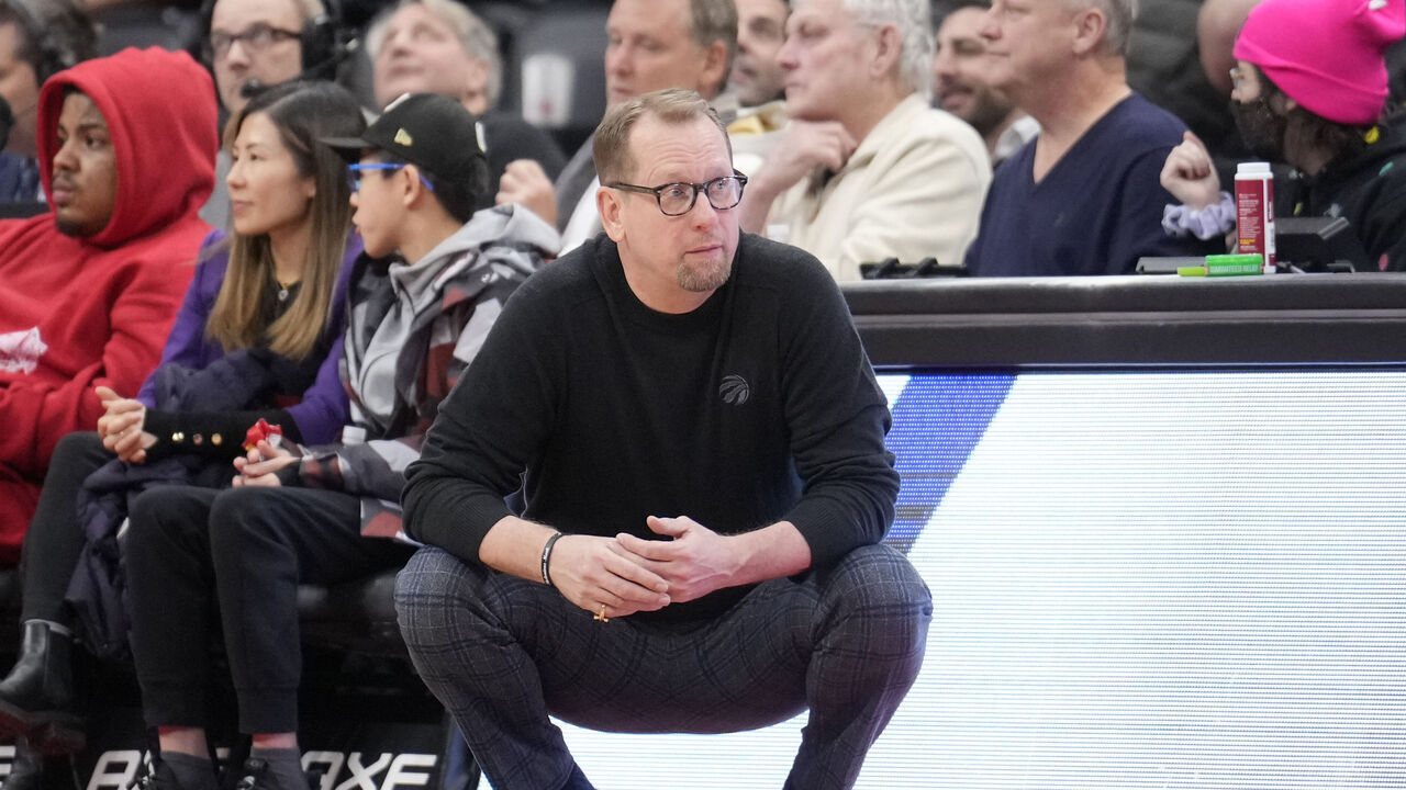 TORONTO, ON - FEBRUARY 28: Nick Nurse head coach of the Toronto Raptors looks on against the Chicago Bulls during the second half of their basketball game at the Scotiabank Arena on February 28, 2023 in Toronto, Ontario, Canada. NOTE TO USER: User expressly acknowledges and agrees that, by downloading and/or using this Photograph, user is consenting to the terms and conditions of the Getty Images License Agreement.