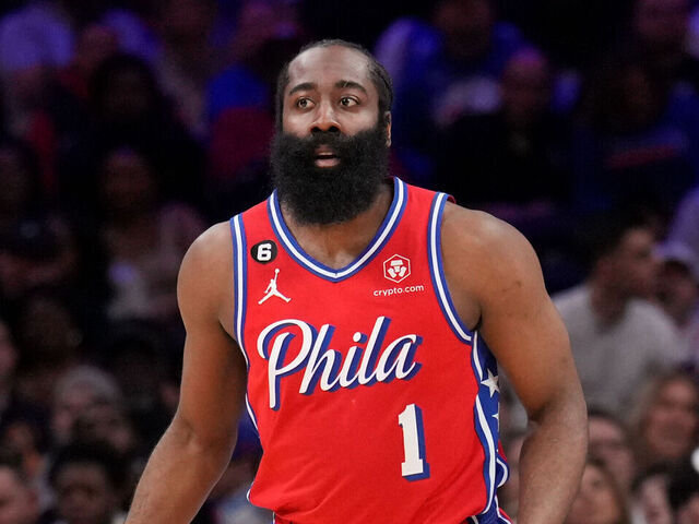 PHILADELPHIA, PA - MARCH 31: James Harden #1 of the Philadelphia 76ers dribbles the ball during the game against the Toronto Raptors on March 31, 2023 at the Wells Fargo Center in Philadelphia, Pennsylvania NOTE TO USER: User expressly acknowledges and agrees that, by downloading and/or using this Photograph, user is consenting to the terms and conditions of the Getty Images License Agreement. Mandatory Copyright Notice: Copyright 2023 NBAE