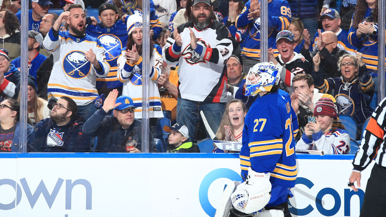 BUFFALO, NY - MARCH 31: Fans applaud Devon Levi #27 of the Buffalo Sabres, playing in his first career NHL game, during a game against the New York Rangers on March 31, 2023 at KeyBank Center in Buffalo, New York.