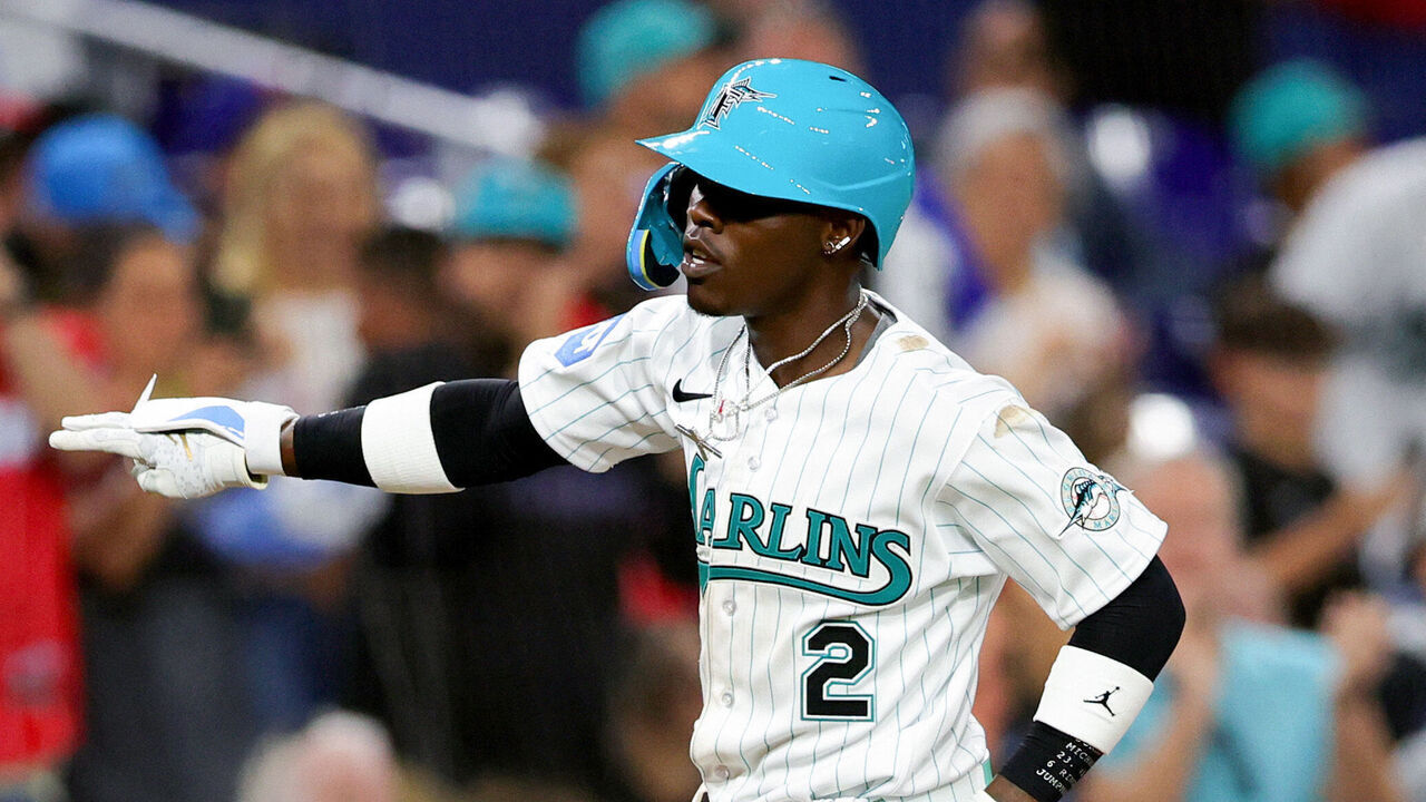 MIAMI, FLORIDA - MARCH 31: Jazz Chisholm Jr. #2 of the Miami Marlins celebrates after hitting a home run against the New York Mets during eighth inning at loanDepot park on March 31, 2023 in Miami, Florida.