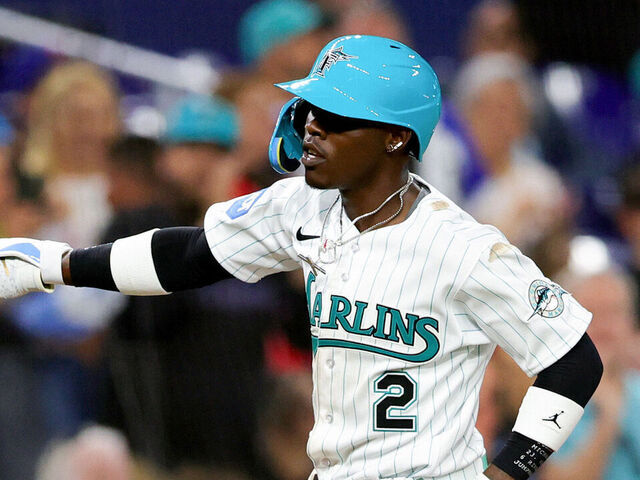 MIAMI, FLORIDA - MARCH 31: Jazz Chisholm Jr. #2 of the Miami Marlins celebrates after hitting a home run against the New York Mets during eighth inning at loanDepot park on March 31, 2023 in Miami, Florida.