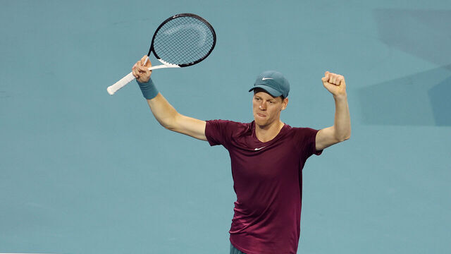 MIAMI GARDENS, FLORIDA - MARCH 31: Jannik Sinner of Italy celebrates his win against Carlos Alcaraz of Spain during the semifinals of the Miami Open at Hard Rock Stadium on March 31, 2023 in Miami Gardens, Florida.