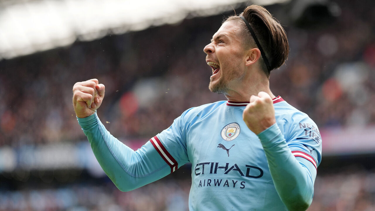 MANCHESTER, ENGLAND - APRIL 01: Jack Grealish of Manchester City celebrates after scoring the team's fourth goal during the Premier League match between Manchester City and Liverpool FC at Etihad Stadium on April 01, 2023 in Manchester, England.