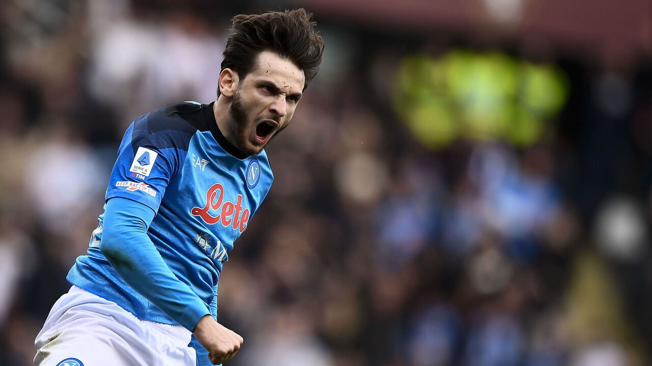 STADIO OLIMPICO GRANDE TORINO, TURIN, ITALY - 2023/03/19: Khvicha Kvaratskhelia of SSC Napoli celebrates after scoring a goal from a penalty kick during the Serie A football match between Torino FC and SSC Napoli. SSC Napoli won 4-0 over Torino FC.