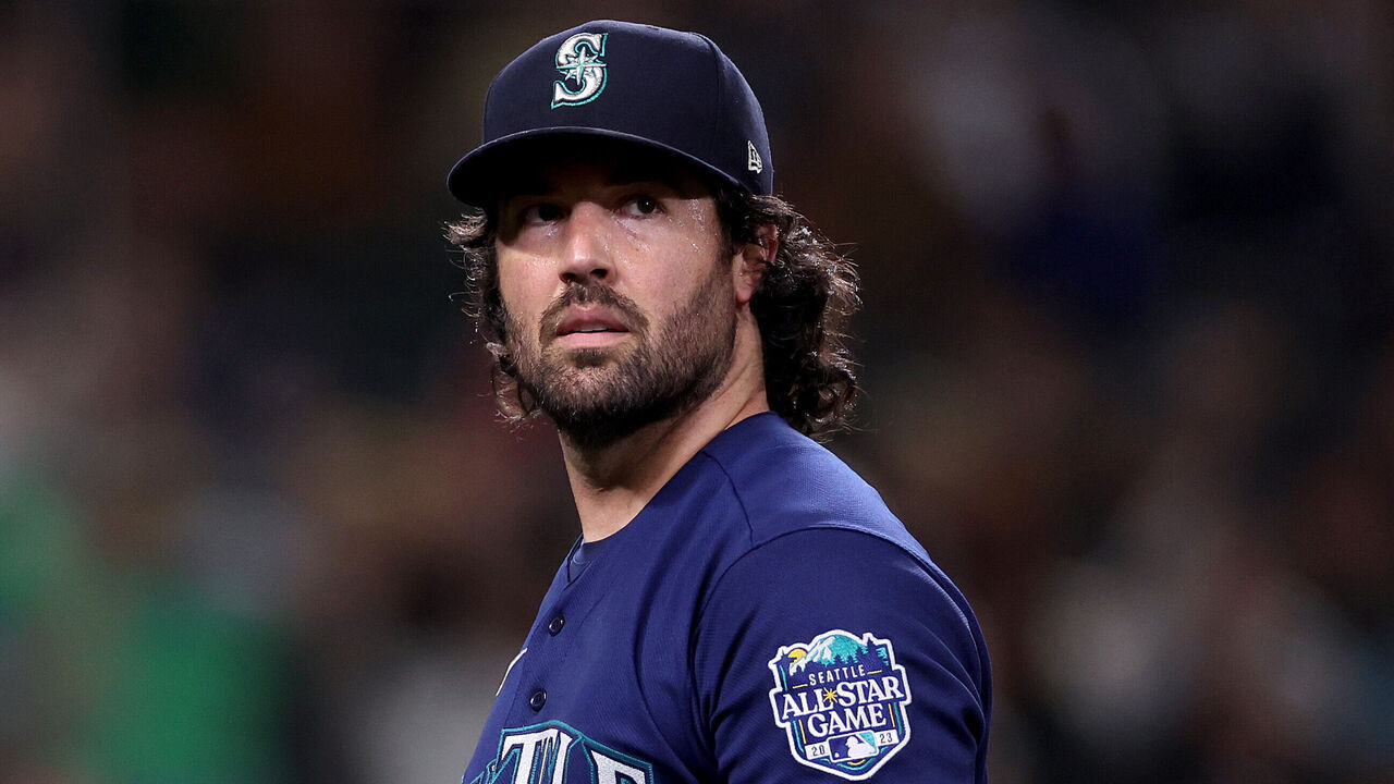 SEATTLE, WASHINGTON - MARCH 31: Robbie Ray #38 of the Seattle Mariners looks on during the second inning against the Cleveland Guardians at T-Mobile Park on March 31, 2023 in Seattle, Washington.