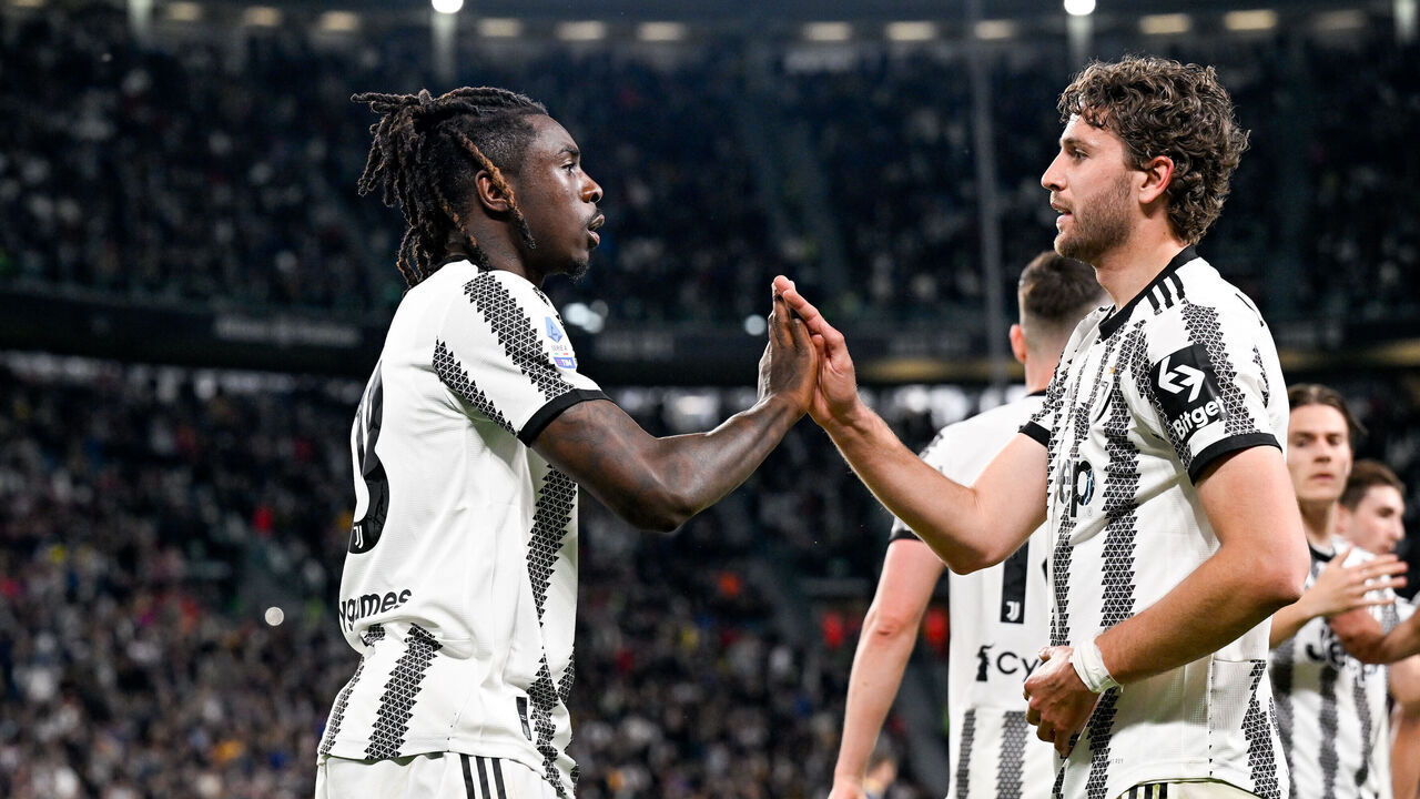 TURIN, ITALY - APRIL 01: Moise Kean of Juventus celebrates after scoring his team's first goal with teammate Manuel Locatelli during the Serie A match between Juventus and Hellas Verona at Allianz Stadium on April 01, 2023 in Turin, Italy.